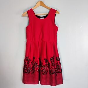 Knitworks Red Black Velvet Floral Detail Holiday Sleeveless Formal Dress Size 16